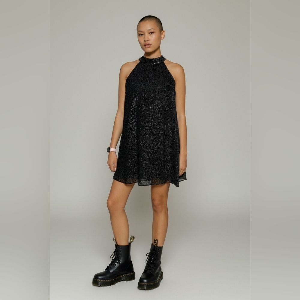 Zara Trafaluc Dobby Black and Gold Dots Halter Keyhole Back Dress - Picture 4 of 15